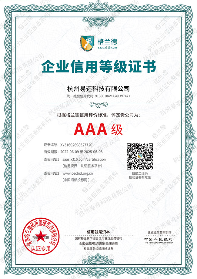 AAA企業信用等級證書